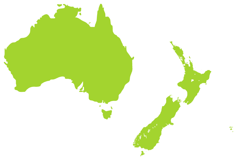 Map of Australia and New Zealand with New Zealand shown larger.